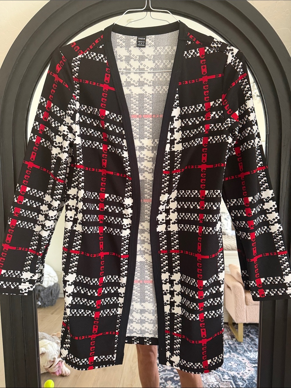 SHEIN Black White & Red Plaid Long Open Blazer